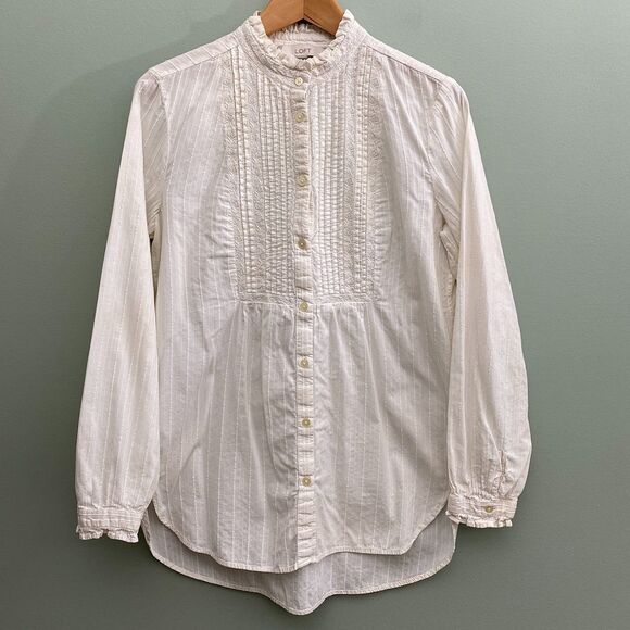 LOFT Button Down Shirt Top White Cotton Pleated Ruffle Cottagecore Womens Medium - Picture 1 of 9